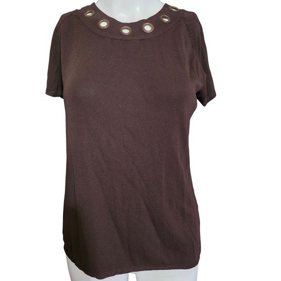 Dress Barn Brown Knit Top, Short Sleeve Top with Gold Eyelet Detail - Large - Picture 1 of 6